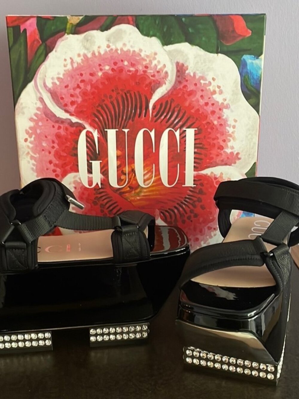 GUCCI PATENT PLATFORM CRYSTAL SANDALS